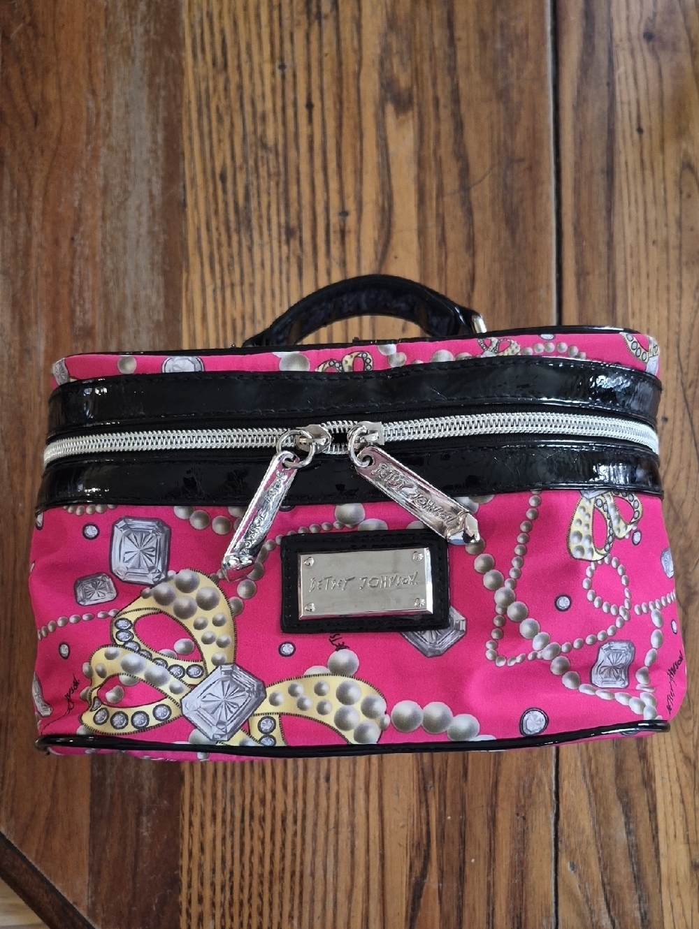 Betsey Johnson Hot Pink Jewel-Print Cosmetic Case with Black Patent Trim